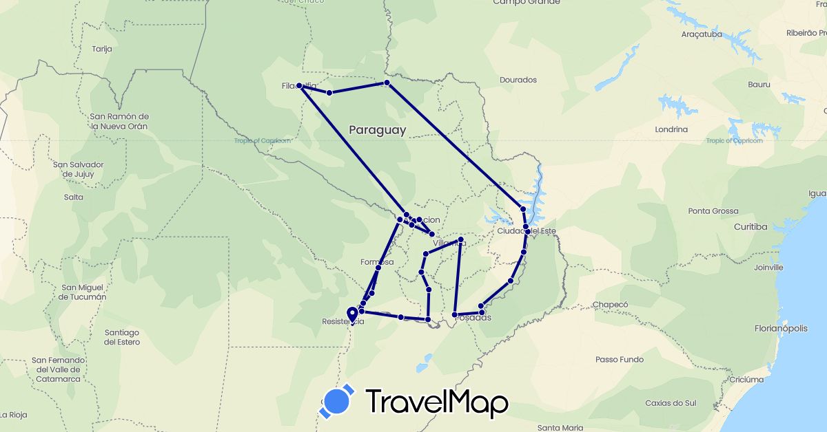 TravelMap itinerary: driving in Argentina, Brazil, Paraguay (South America)